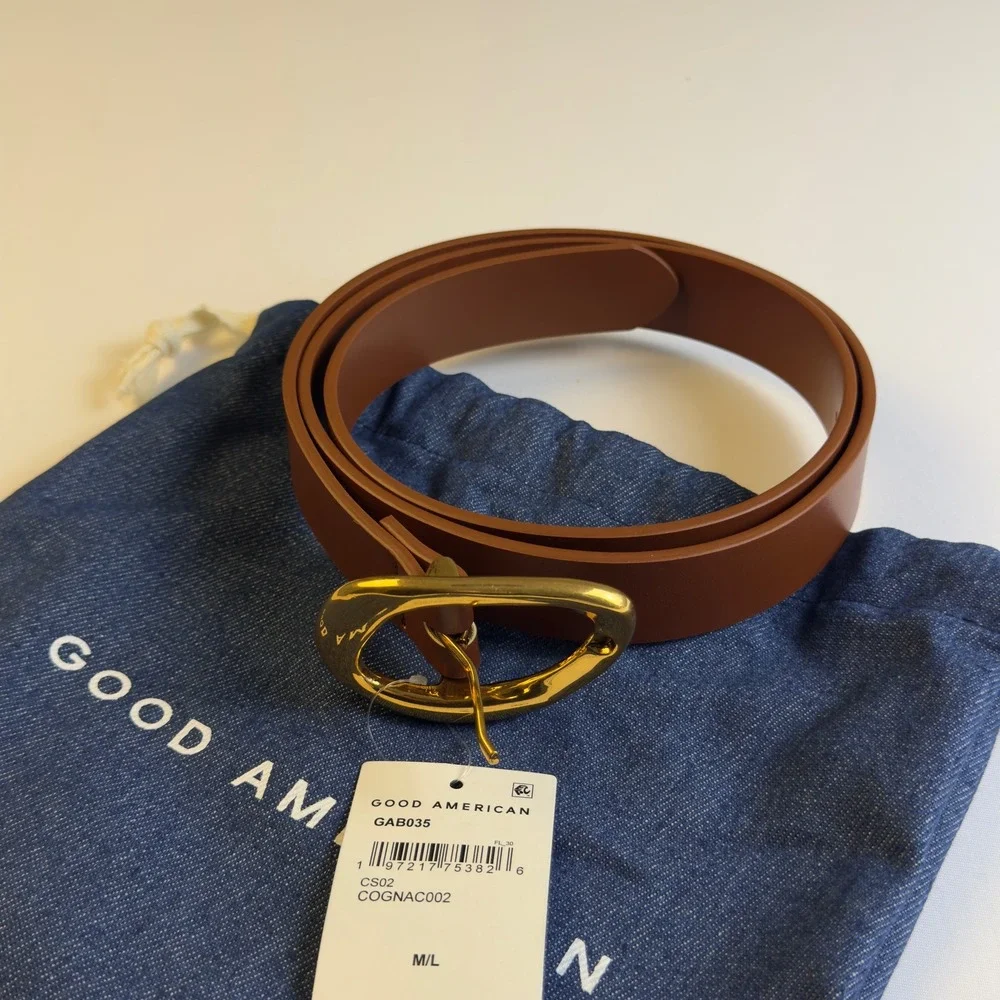 Good American Womens Classic Oval Buckle Belt Brown Vegan Leather Luxury Minimal